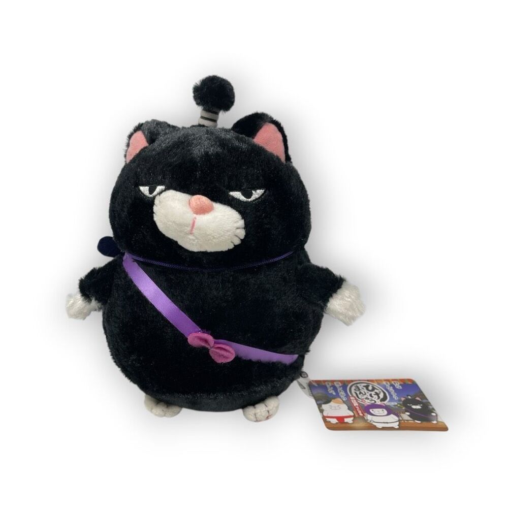 Kawaii Higemanjyu Edo Cat Soft Stuffed Plush Animal Toy Black Samurai Cat NWT